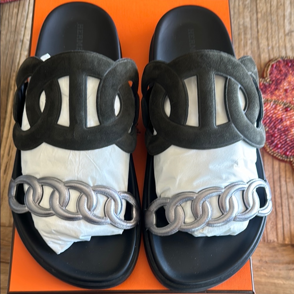 Hermès Black and Silver Sandals